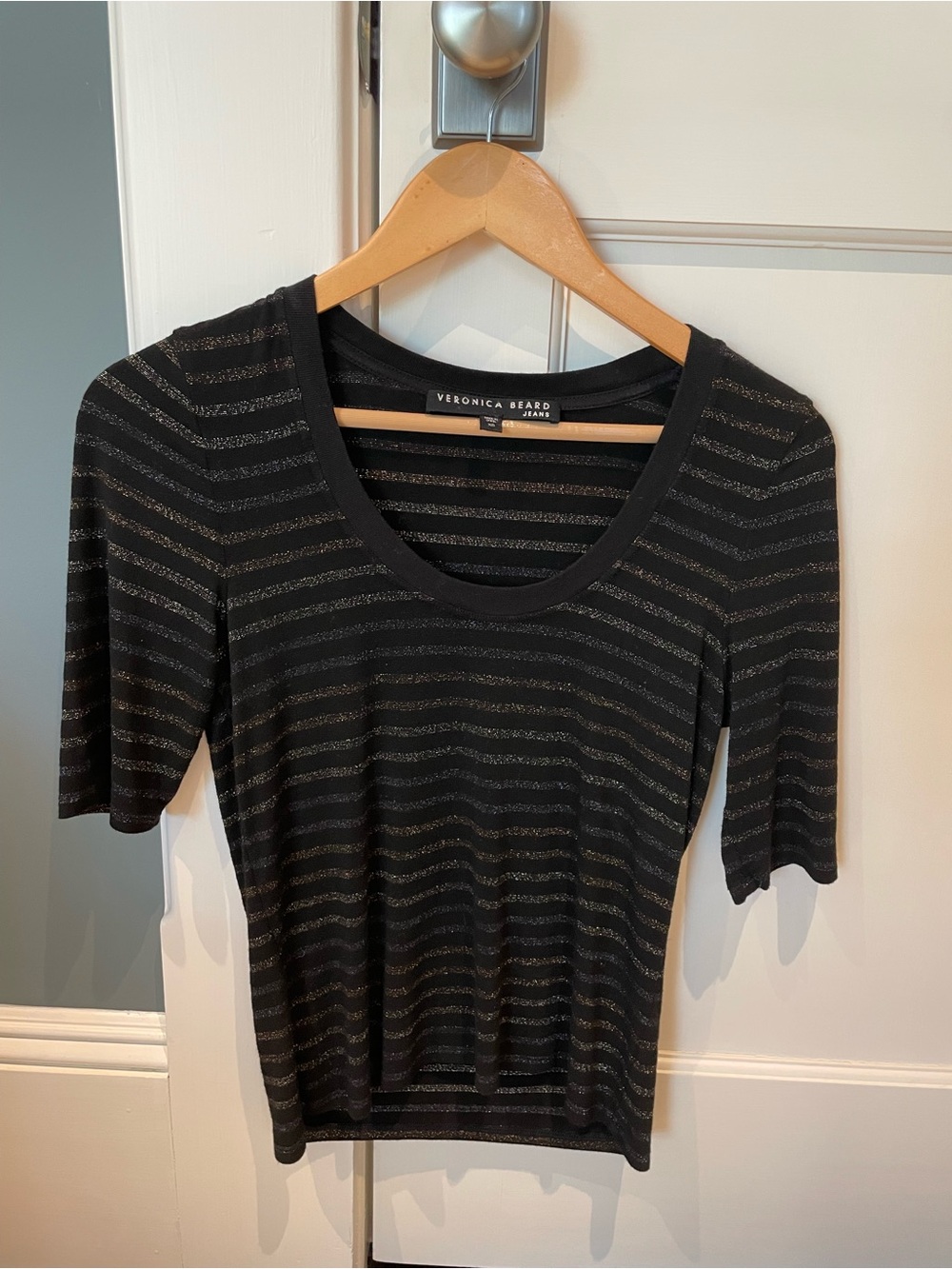 Veronica Beard Black Top with Silver Stripes - Scoop Neck Short Sleeve